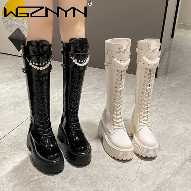Knee High Boots Women - Botas cálidas de felpa de cuero